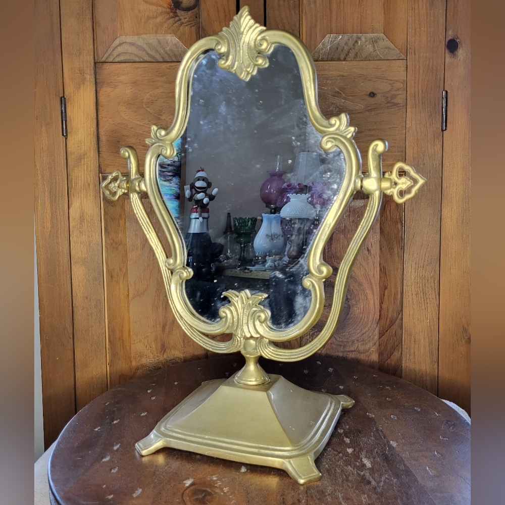 Vintage Brass Ornate Vanity Mirror - Picture 3 of 15